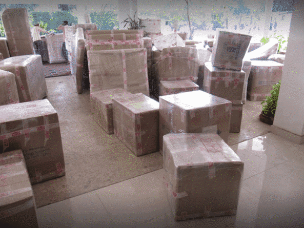 Packed cartons arranged for household relocation