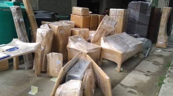 Packed household goods ready for loading